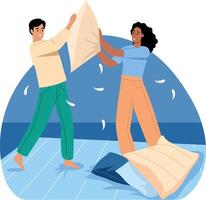 A couple doing a pillow fight, flat illustration vector
