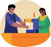A character standing at juice vendor, flat style illustration vector