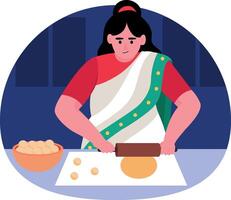 Flat style illustration of rolling dough with rolling pin vector