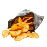 Tempting spicy flavored chips spilling from a snack bag with partial opening arranged attractively isolated on transparent background png
