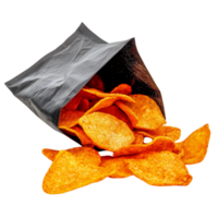 A crunchy snack bag partially opened showing spicy flavored chips spilling out in a tempting scene isolated on transparent background png
