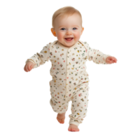 A baby joyfully taking their first steps in a cute onesie with a bright smile, Isolated on transparent Background png