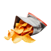 A snack scene showing a bag of spicy chips torn open with a few chips spilled across the surface isolated on transparent background png