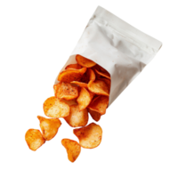 Spicy flavored chips spilling out from a partially opened snack bag creating a dynamic display isolated on transparent background png