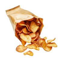 A food composition of spicy chips tumbling out from a partially opened snack bag isolated on transparent background png