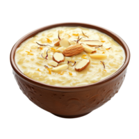Bowl of Indian Rice Pudding Kheer with Almonds and Saffron Garnish Isolated on transparent Background png