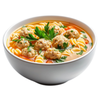 A bowl of chicken noodle soup with meatballs and fresh herbs, isolated on transparent background png