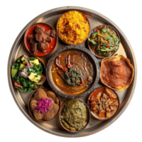 Ethiopian cuisine with injera and assorted stews served on a traditional platter Isolated on transparent Background png