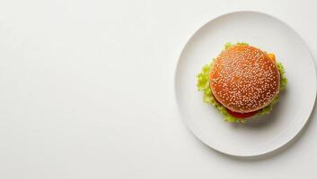 Hamburger on a Plate Isolated on White Background Perfect for Menu Presentation photo