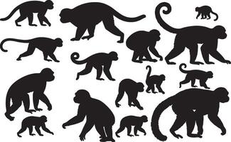 A set of silhouettes of various monkeys vector