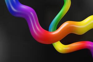 3d rainbow two abstract lines on black background. Three-dimensional illustration. Futuristic geometric shape template. Colorful poster with bright gradient. Modern dynamic wave design. vector
