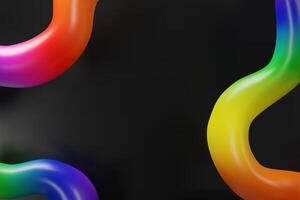 3d rainbow three abstract lines on black background. Three-dimensional illustration. Futuristic geometric shape template. Colorful poster with bright gradient. Modern dynamic wave design. vector