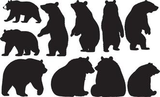 Silhouettes of various bears and bears in various poses vector