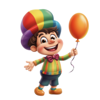 A cheerful Toon Town character with a big smile, wearing a colorful hat and holding a balloon, isolated on transparent Background png