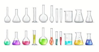 Collection of various laboratory glassware including beakers and flasks filled with colorful liquids. Ideal for scientific or educational themes. vector