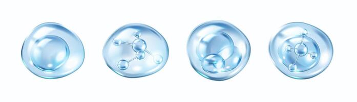 Aqua bubbles with collagen molecules inside realistic color icons set. Necessary elements for skin 3d objects bundle on white background vector