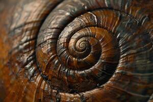 Snail Shell's Intricate Spiral A Close-Up Macro View of Nature's Geometric Wonder, Revealing the Complex Texture and Hues of Brown, showcasing the Exquisite Details of Mollusk Shell Structures. photo