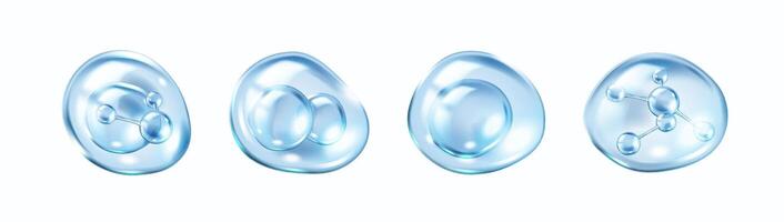 Blue collagen molecules inside liquid bubbles realistic color icons set. Cosmetics and skincare products 3d objects bundle on white vector