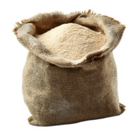 Close-up of a burlap sack filled with wheat flour showing fabric texture and fine grains Isolated on transparent Background png