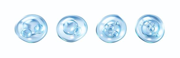 Hyaluronic acid inside bubbles realistic color icons set. Essential element for skincare products 3d objects bundle on white background vector