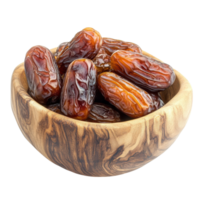 Rustic wooden bowl filled with glossy dried dates, isolated on transparent Background png