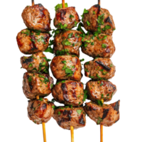 Russian shashlik skewers grilled to perfection with juicy marinated meat Isolated on transparent Background png