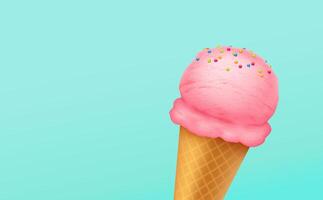 Illustration of a pink ice cream scoop with colorful sprinkles on a waffle cone against a light blue background representing a sweet refreshing treat vector