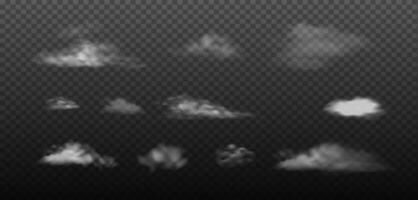 Collection of realistic soft white clouds with fluffy texture on background ideal for graphic design and digital projects. This versatile set can enhance any sky or outdoor scene vector