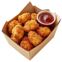 A box of golden chicken nuggets with dipping sauce in packaging Isolated on transparent Background png