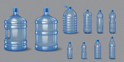 Set of plastic bottles in different sizes and shapes suitable for storing various liquids. Includes large water dispensers and smaller portable bottles. vector