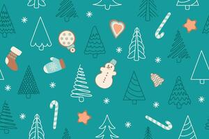 Seamless pattern of Christmas trees and various festive elements in doodle style on a blue background. Suitable for invitations, wrapping paper, fabric, textile. vector