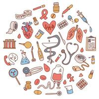 Hand drawn set of nurse and medical supplies icons in doodle style. Hand drawn Medicines, medical products and devices. vector