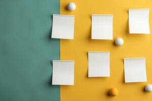 A yellow and green background with white sticky notes on it photo