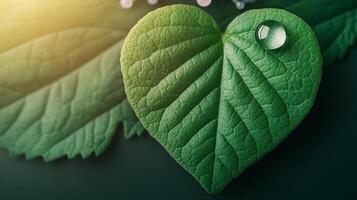 heart shaped green leaf with large water droplet, sunlight casting a shadow on leaf, CO2 molecule icon with organic shapes, emphasizing nature's solution, soft pastel color palette photo