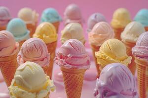A row of ice cream cones with different colors of ice cream, pastel color photo