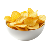 A bowl of golden crispy potato chips, isolated on transparent Background png