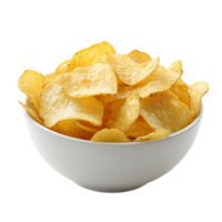 A bowl of golden potato chips with a crispy texture, isolated on transparent Background png
