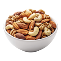 A bowl of mixed nuts including almonds, walnuts, and cashews, isolatedtransparent Background png