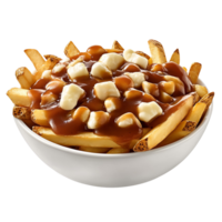 A bowl of poutine with crispy fries and rich gravy, isolated on transparent Background png