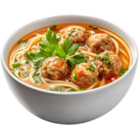 A bowl of homemade chicken noodle soup with meatballs and fresh herbs, isolated on transparent background png