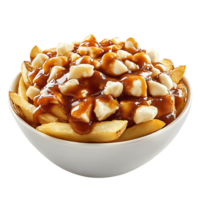 A bowl of poutine with cheese curds and crispy fries, isolated on transparent Background png
