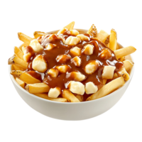 A bowl of poutine with crispy fries, cheese curds, and gravy, isolated on transparent Background png