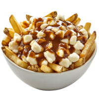 A bowl of crispy poutine fries with cheese curds and gravy, isolated on transparent Background png