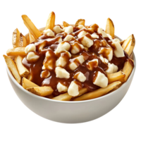 A bowl of cheesy poutine with crispy fries and gravy, isolated on transparent Background png