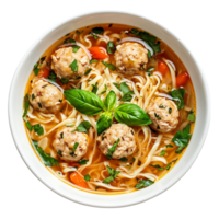 A bowl of comforting chicken noodle soup with meatballs and herbs, isolated on transparent background png