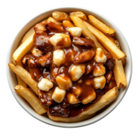 A bowl of poutine with crispy fries and cheese curds, isolated on transparent Background png