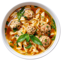 A bowl of savory chicken noodle soup with meatballs, garnished with fresh herbs, isolated on transparent background png