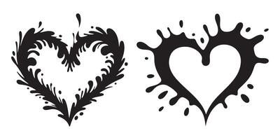 Two stylized heart designs, one with flowing, ornate splatters, the other with splatter heart. vector
