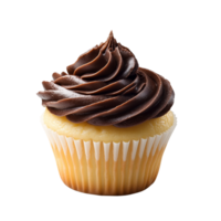 A classic vanilla cupcake topped with chocolate frosting, perfect for any celebration, Isolated on transparent Background png