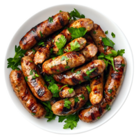 Neatly arranged grilled sausages and fresh parsley on a white plate, isolated on transparent background png
